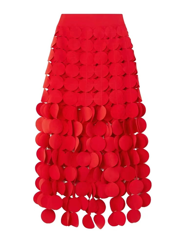 Elegant Round Piece Tassel Hollow Embroidery Irregular A-Line Skirt