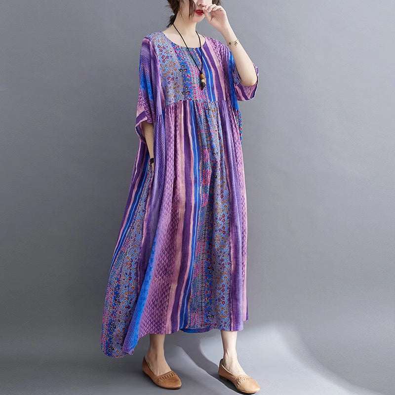 Loose Round Neck Printed Short Sleeve Long Dresses
