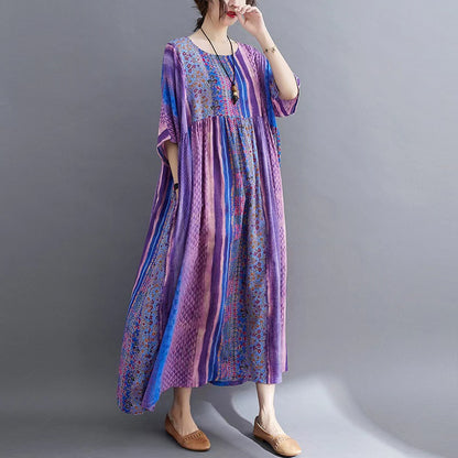 Loose Round Neck Printed Short Sleeve Long Dresses
