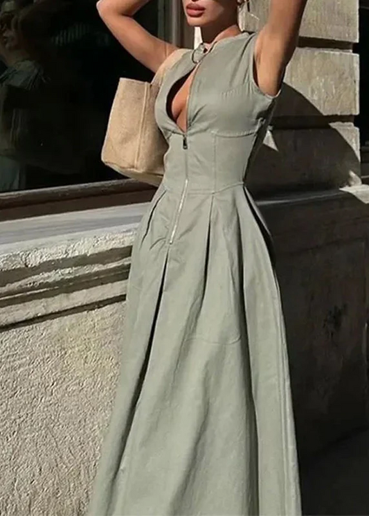 Cotton, Party Green Round Neck Sleeveless Pleated Slim Long Dress