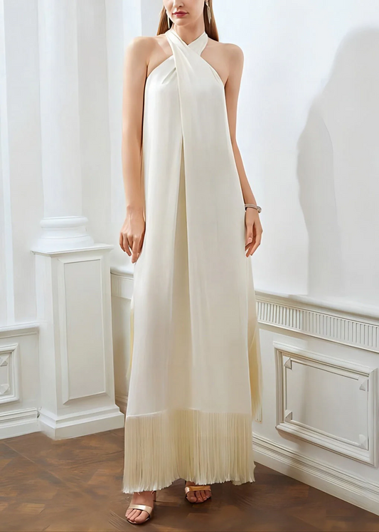 Women's Beige Fringed Strapless Sleeveless Dress Cocktail Dresses
