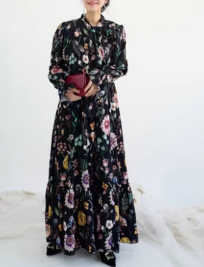 French Stand Neck Tie Printed Floral Flared Sleeve Swing Dress