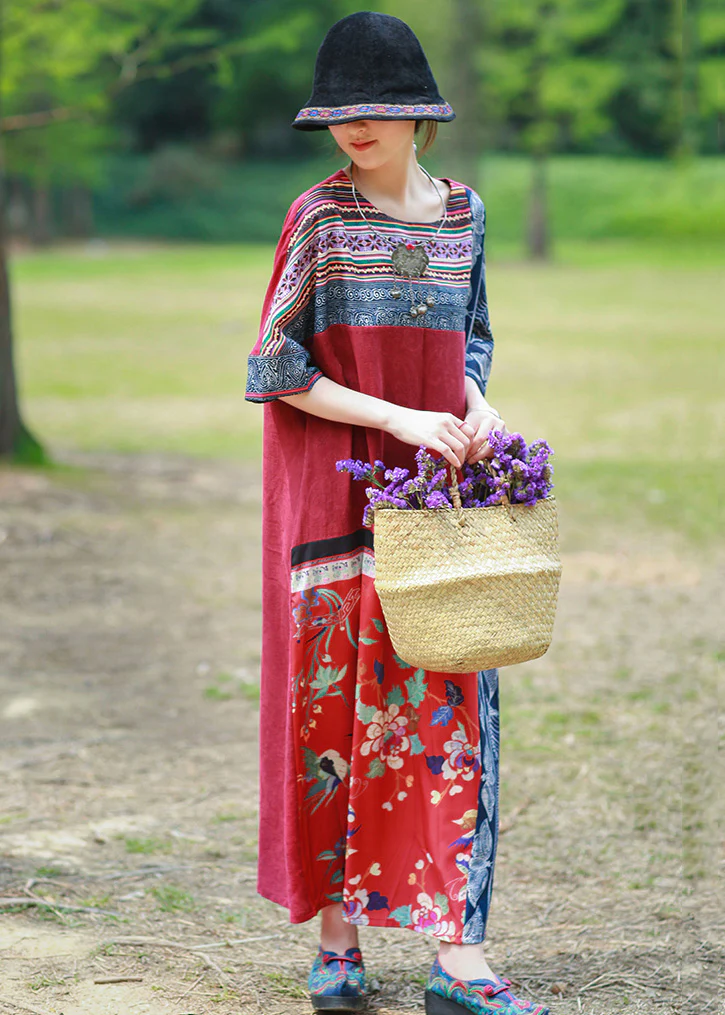 Women's Pocket Patchwork Cotton Printed Half Sleeve Dress