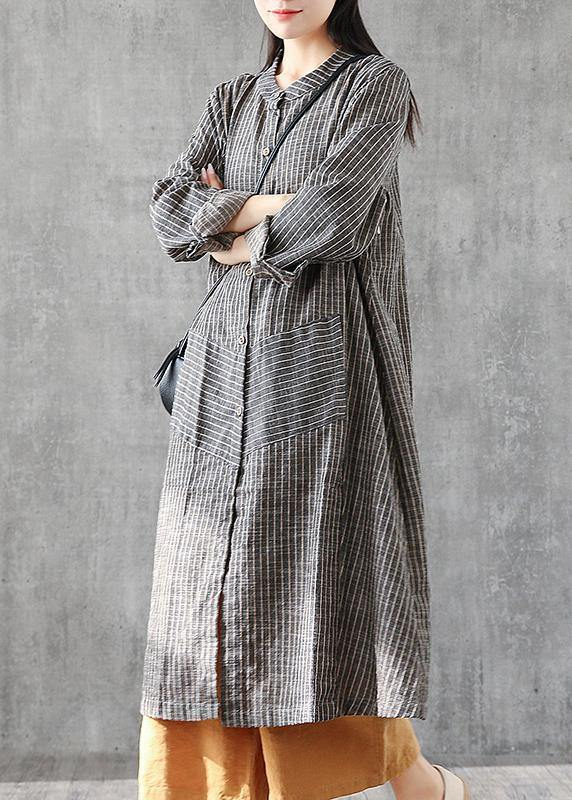 Gray Striped Linen Tunic Tunic Stand A-Line Skirt Dress