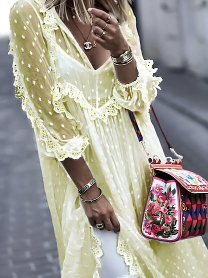 French jacquard polka dot see through long sleeve extra long dress