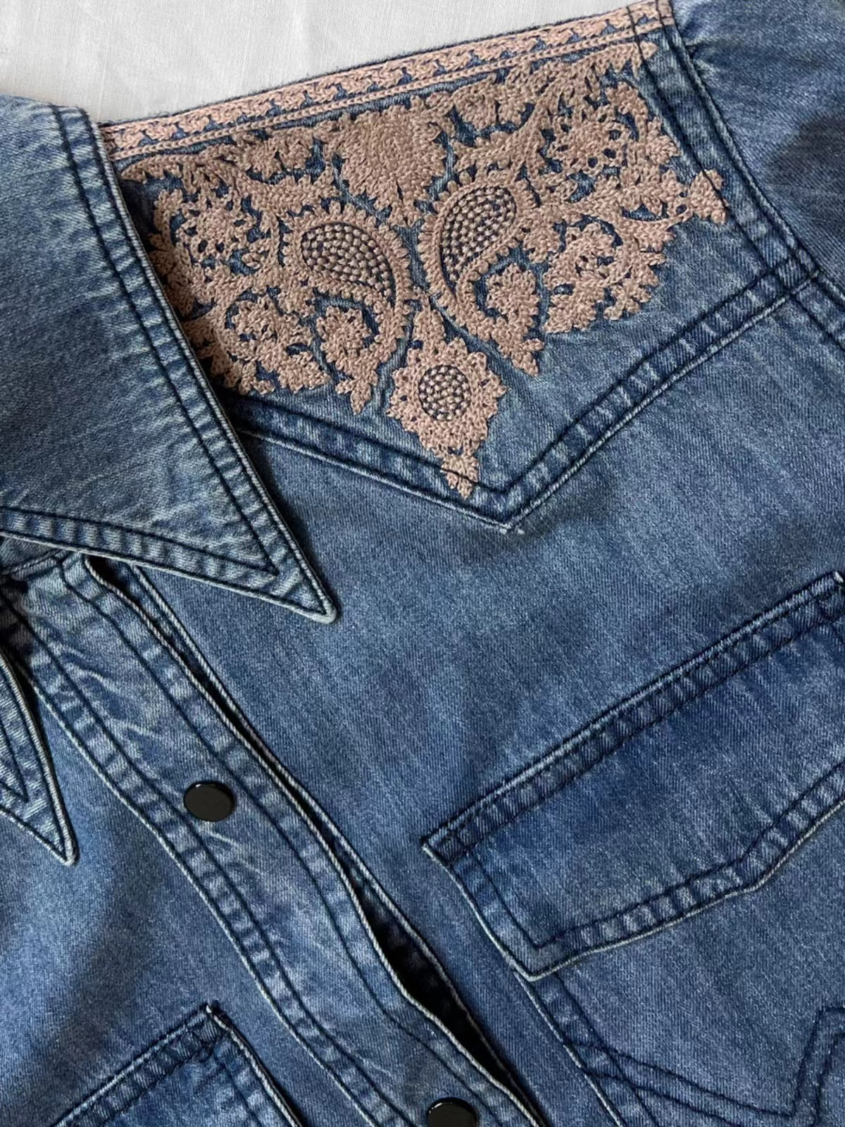 Elegant Embroidery Lapel Pocket Long Sleeve Shirt Denim Top