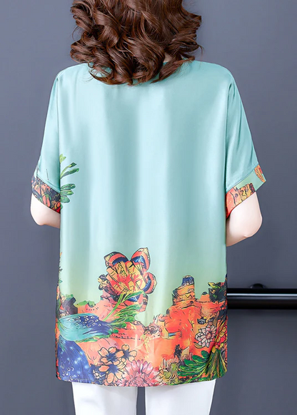 Elegant O Neck Printed Silk Short Sleeve Top