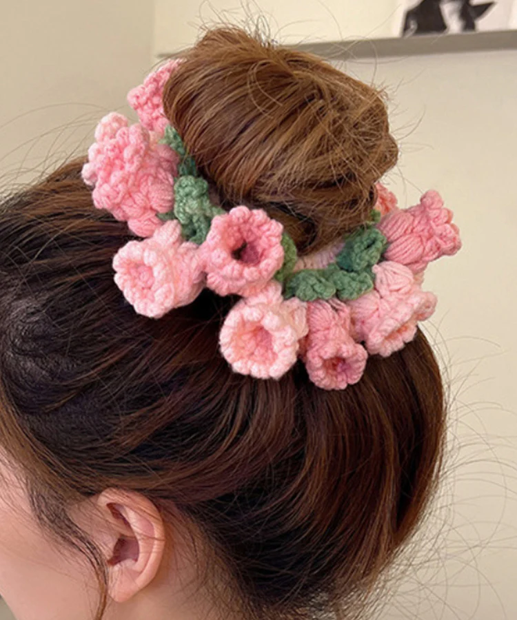 Women's Pink Knitted Cotton Thread Suzuran Flower Hair Band