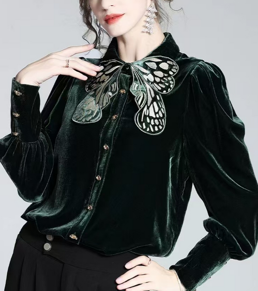 Chinese Style Loose Velvet Butterfly Embroidery Long Sleeve Top