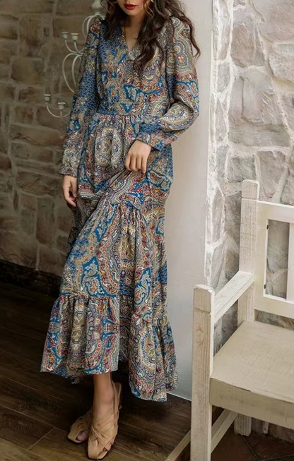 Loose V-Neck Printed Beach Long Sleeve Long Dresses