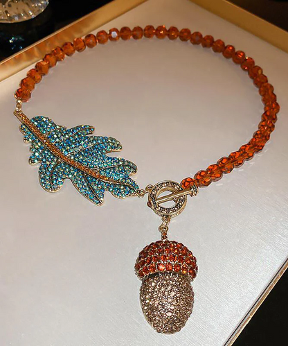 Women's Coffee Alloy Zirconia Crystal Leaf Pendant Necklace