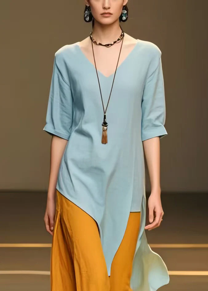 Women's Casual Fashion Blue Asymmetric Patchwork Cotton Long Skirt