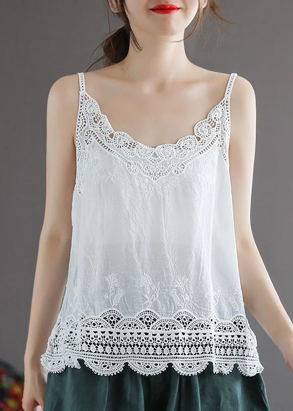 Women's White Lace Patchwork Cotton Spaghetti Strap Top