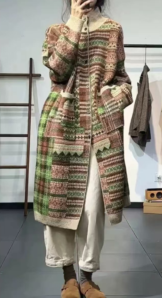 Loose Large Size Geometric Pocket Cardigan Silk Sweater Winter