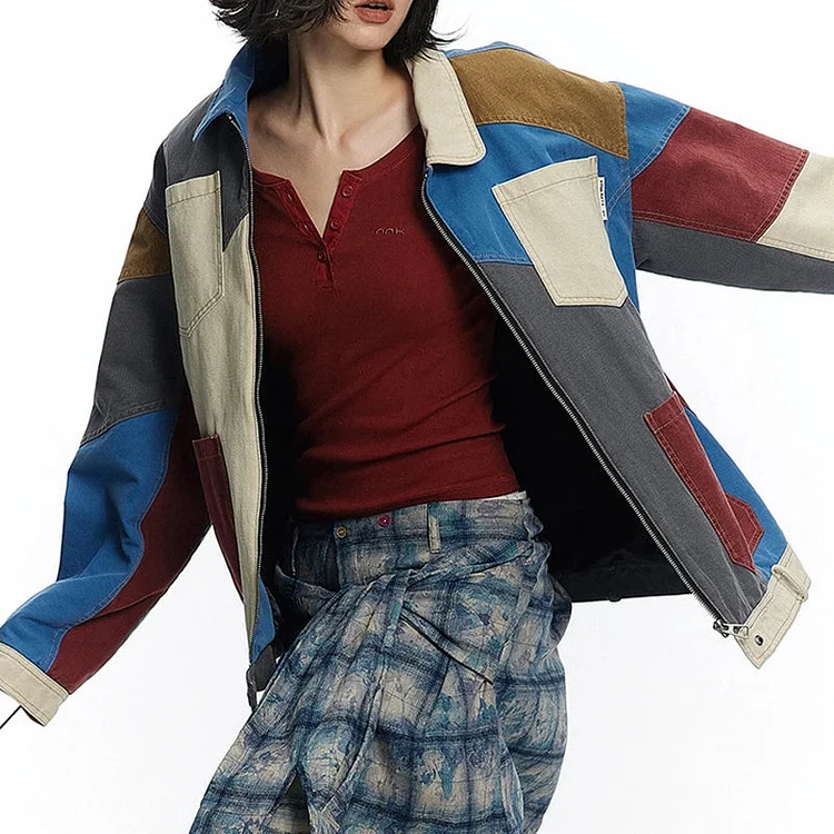 Organic cotton denim lapel blue colorblocked long sleeve zipper up denim jacket