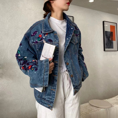 Loose Embroidered Floral Beaded Color Block Denim Jacket