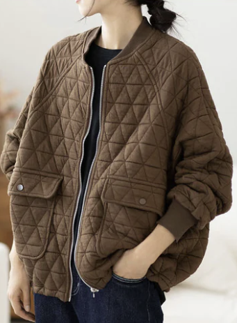 Casual O-Neck Zipper Plaid Thick Jacket Long Sleeve