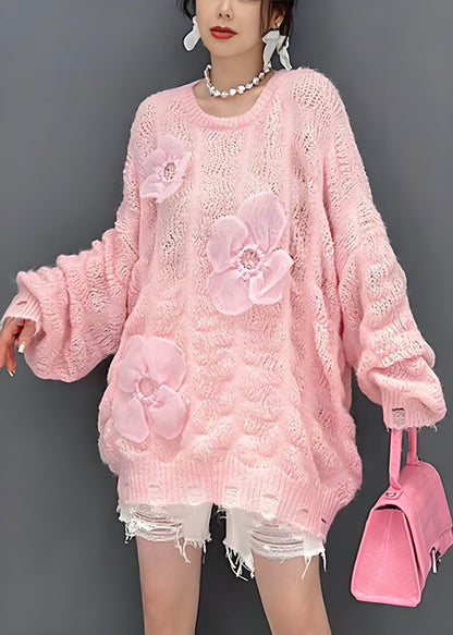 Pink Oversized Openwork Applique Knit Sweater