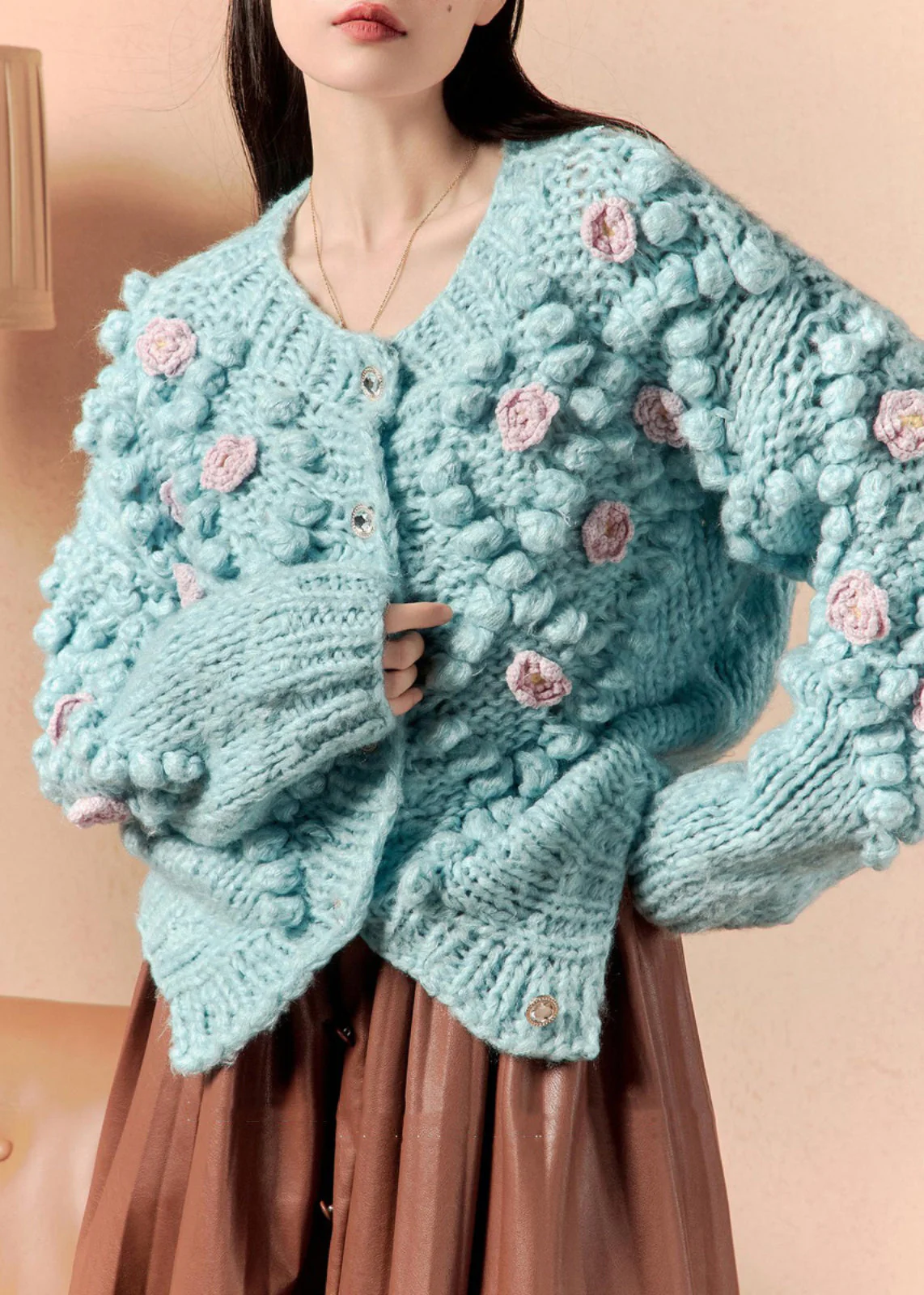 Women's Fashion Floral Blue O-Neck Button Down Cardigan