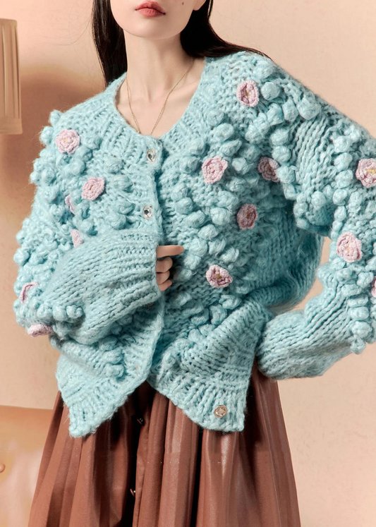 Women's Fashion Floral Blue O-Neck Button Down Cardigan