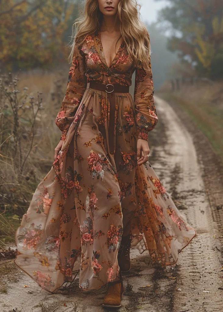 Women's Western Cowboy Boho Caramel V-Neck Printed Oversized Hem Dress