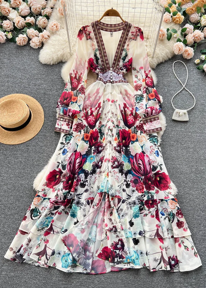 Women's V-neck Printed Elastic Waist Chiffon Long Skirt Spring