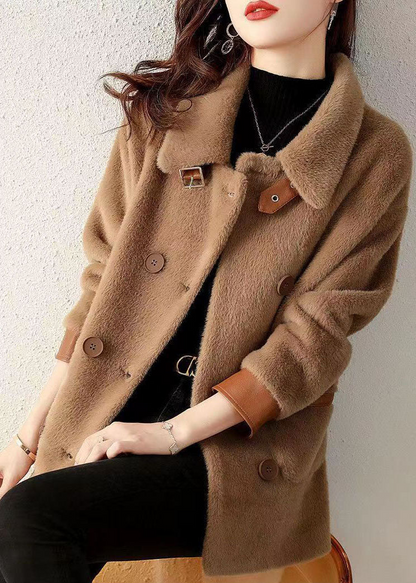 Women's Coffee Faux Fur Coat Peter Pan Collar Buttons