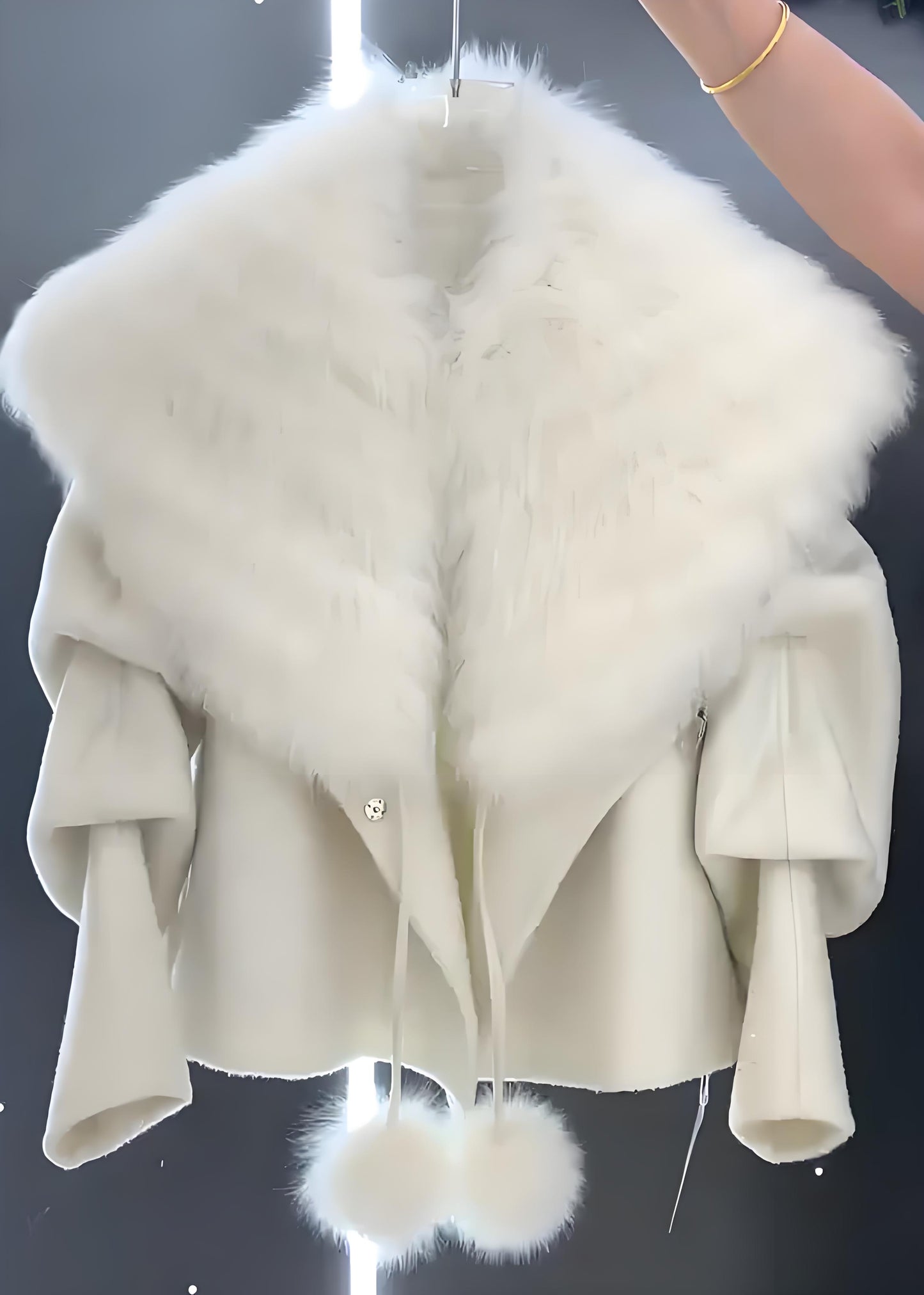 Women's Gray Hair Collar Pom Pom Trimmed Wool Coat