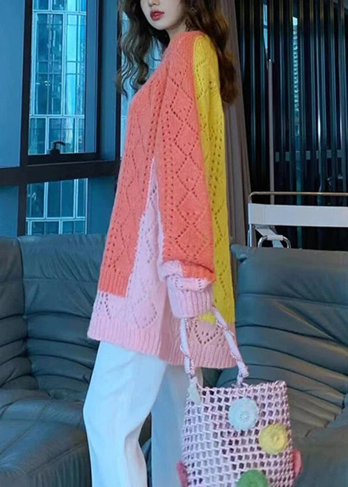 Casual colorblocked O-neck cut-out quilted cotton sweater