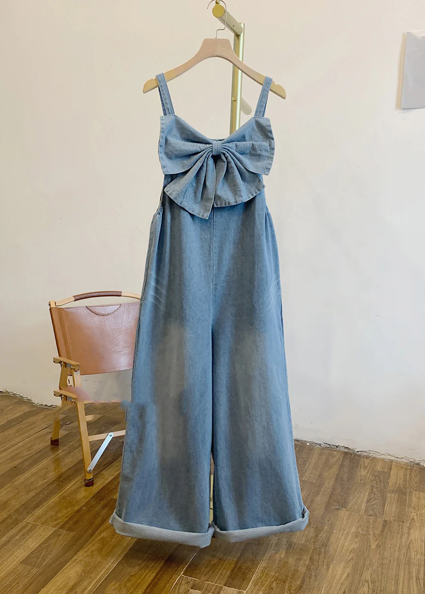 Women's Blue Patchwork Party Bow Denim Jumpsuit