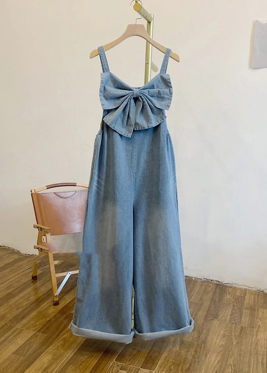 Women's Blue Patchwork Party Bow Denim Jumpsuit