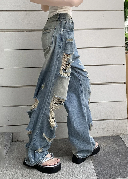 Women's Party Travel Blue Pocket Patchwork Ripped Jeans Spring