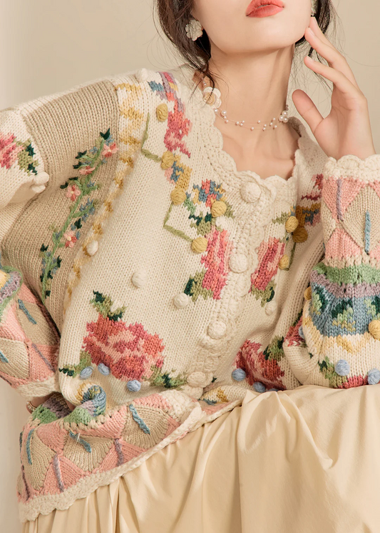 Loose Beige Embroidered Button Knit Cardigan