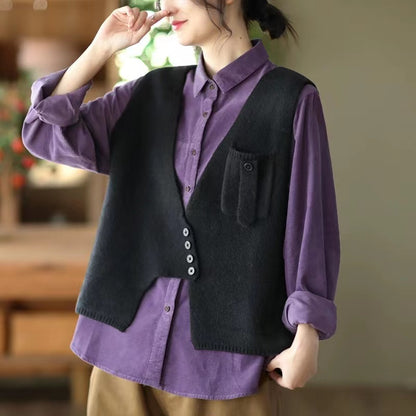 Loose Asymmetric Patchwork Pocket Knit Vest Sleeveless