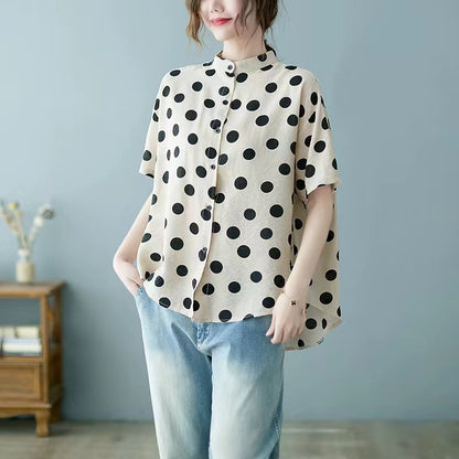 Plus Size Women's Stand Up Collar Polka Dot Short Sleeve Shirt Top