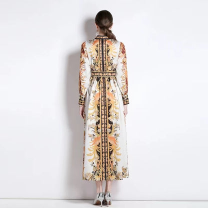 Elegant Standing Collar Printed Color Clash Long Sleeve Dress