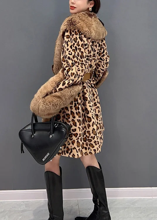 Leopard Fur Collar Printed Patchwork Tie Waist Mink Leather Fur Thick Jacket