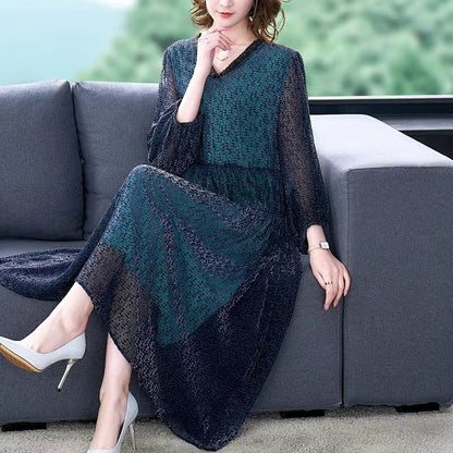 Stylish V-neck printed silk maxi dress