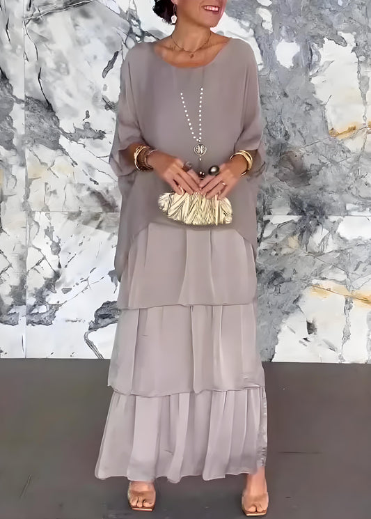 Women's Gray O Neck Long Half Sleeve Dress
