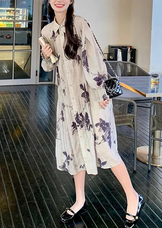 Women's Ruched Printed Button-Neck Long Dress