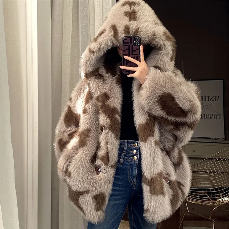 Hooded Long Sleeve Thick Faux Fur Puffy Coat