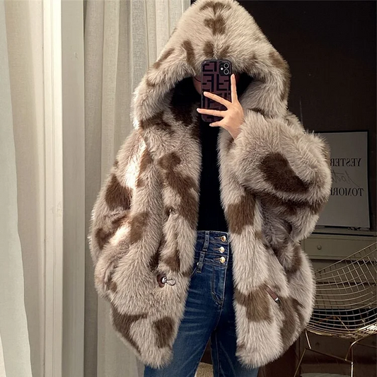 Hooded Long Sleeve Thick Faux Fur Puffy Coat