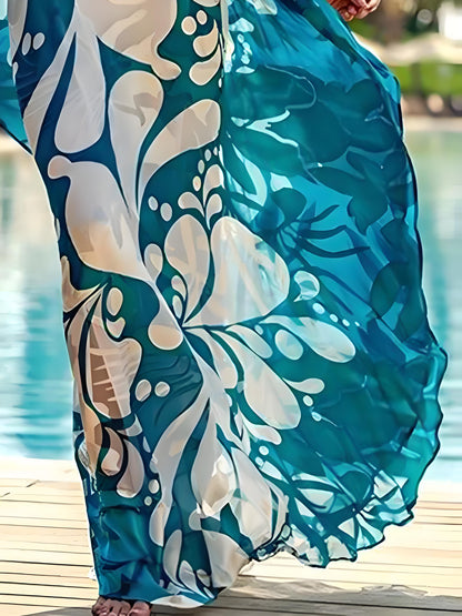 Women's Color Clash Printed Slit Batwing Sleeve One Shoulder Long Dress Summer