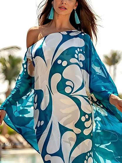 Women's Color Clash Printed Slit Batwing Sleeve One Shoulder Long Dress Summer