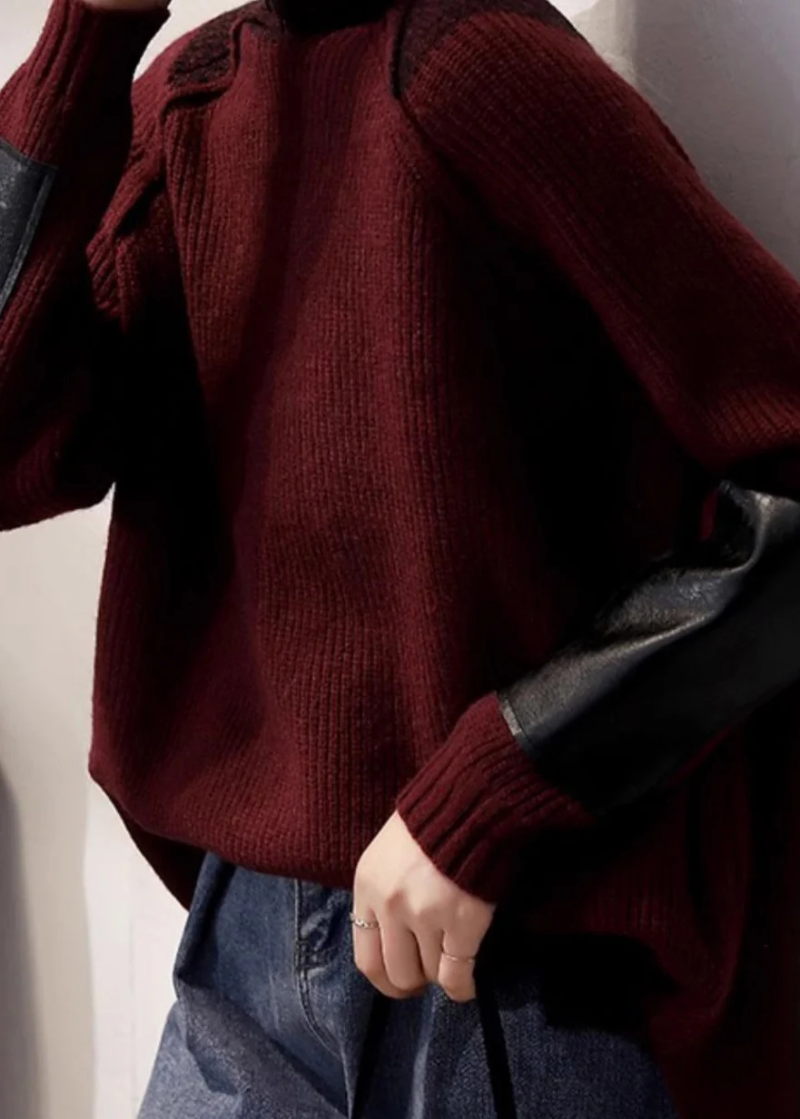 Italian Coffee Turtleneck Patchwork Knit Sweater Top