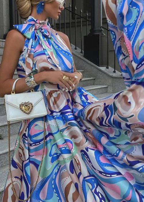 Women's Bohemian Blue Bow Printed Cotton Long Dress Summer