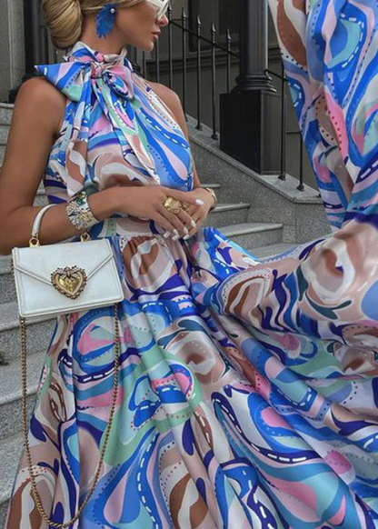 Women's Bohemian Blue Bow Printed Cotton Long Dress Summer