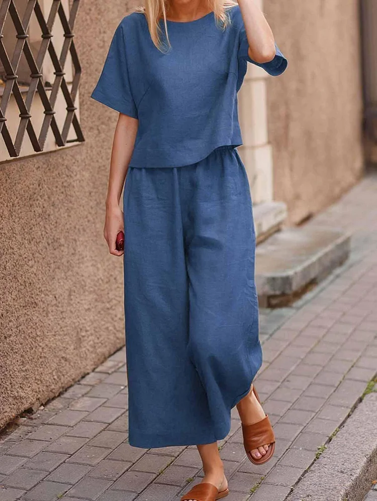 Women's Big Size Linen Casual Top and Wide Leg Pants Set Spring