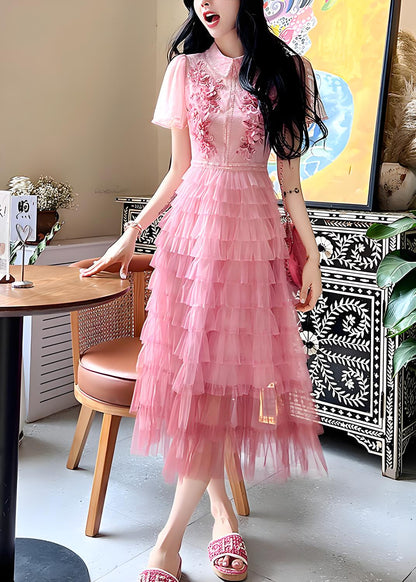 Italian Pink Embroidered Ruffle Patchwork Tulle Dress