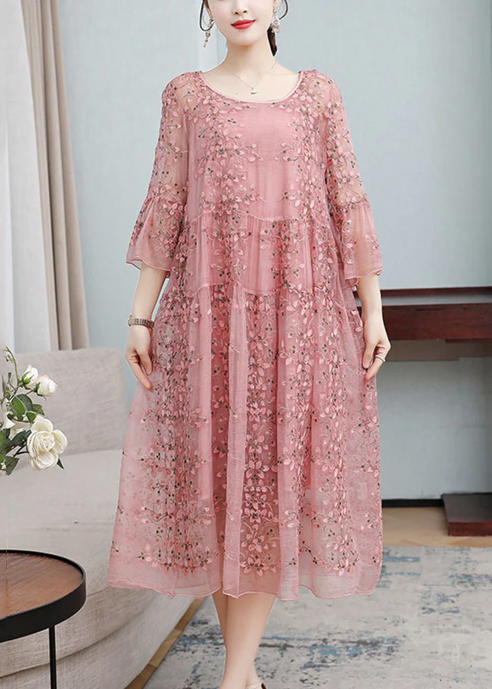Women's Embroidered Ruffle Tie Dress Flared Sleeve